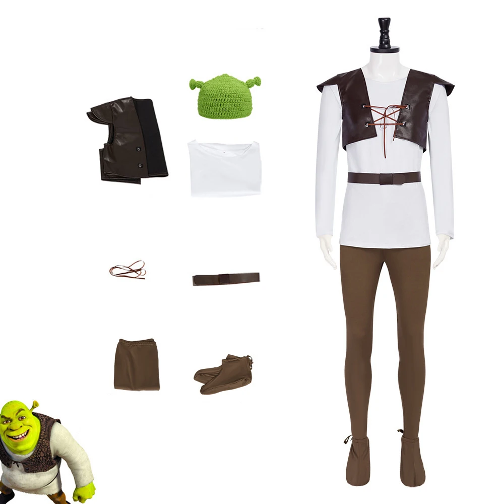 

Shrek Green Ogre Cosplay Costumes Hat Shrek Top Leather Vest Pants for Men Performance Role Play Halloween Carnival Party Outfit