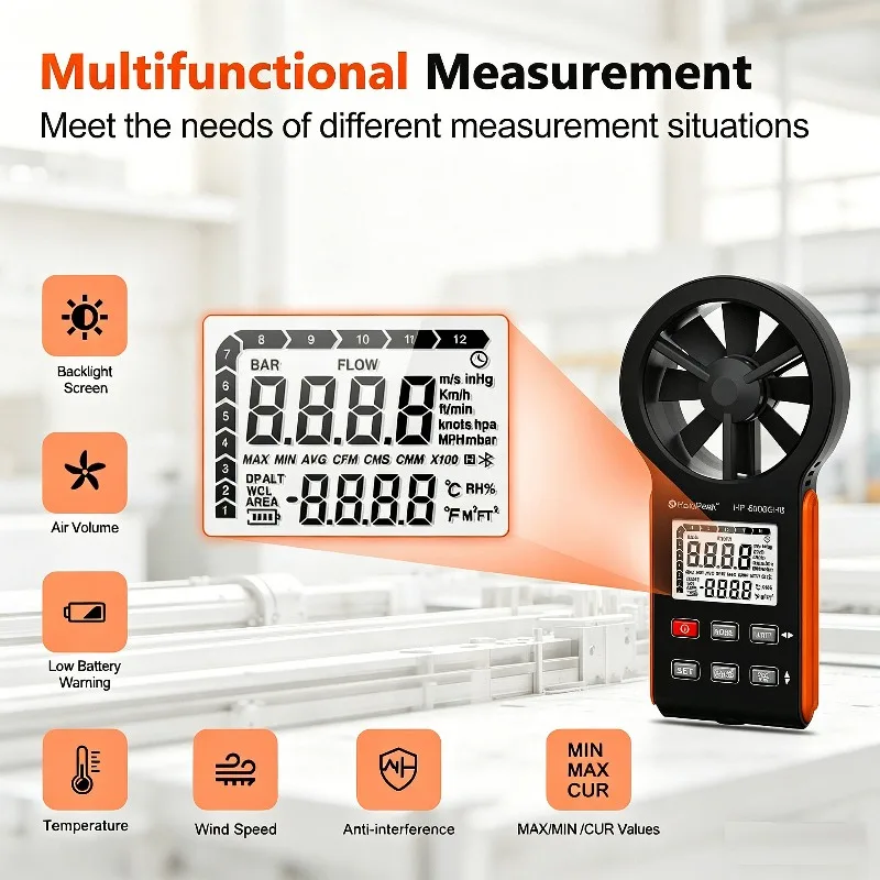Digital Anemometer Wind Speed Meter Air Volume Temperature Tester TYPE-C Rechargeable Backlight LCD Handheld Wind Gauge