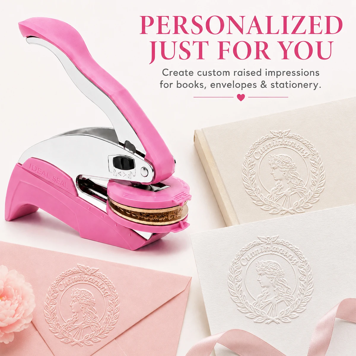Custom 45mm Embosser Seal Stamp, Personalized Logo Name Initials Paper Embossing Tool, Pink Handheld Book Embosser for Books, En
