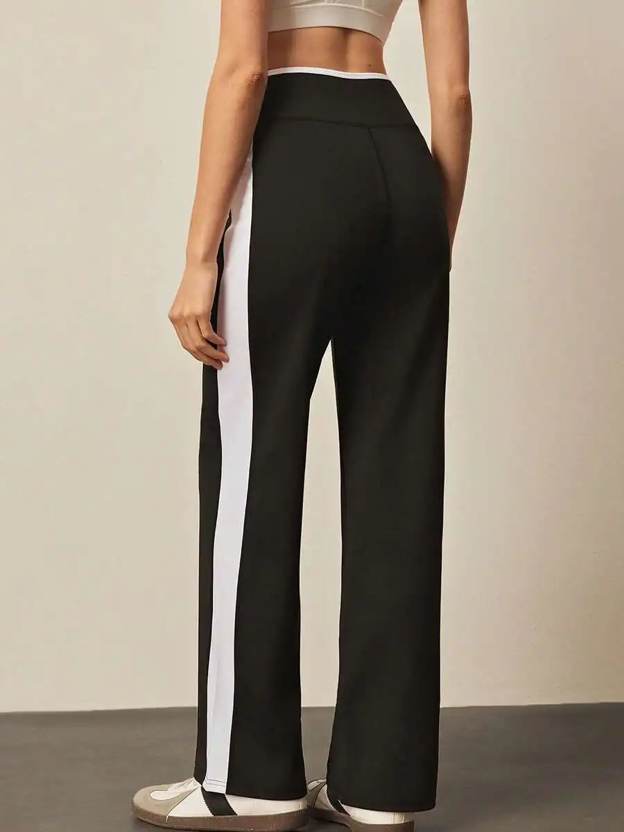 

Black And White Patchwork Wide Leg Yoga Pants With Elastic Waist