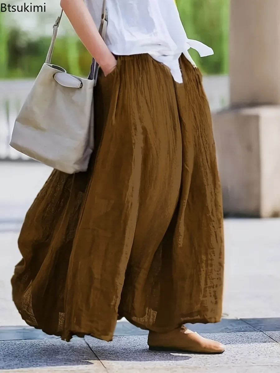 2025 Women Fashion Summer Retro Skirt Solid Color Loose Elastic Waist Half Skirt   Fashionable and Casual Versatile Long Skirts