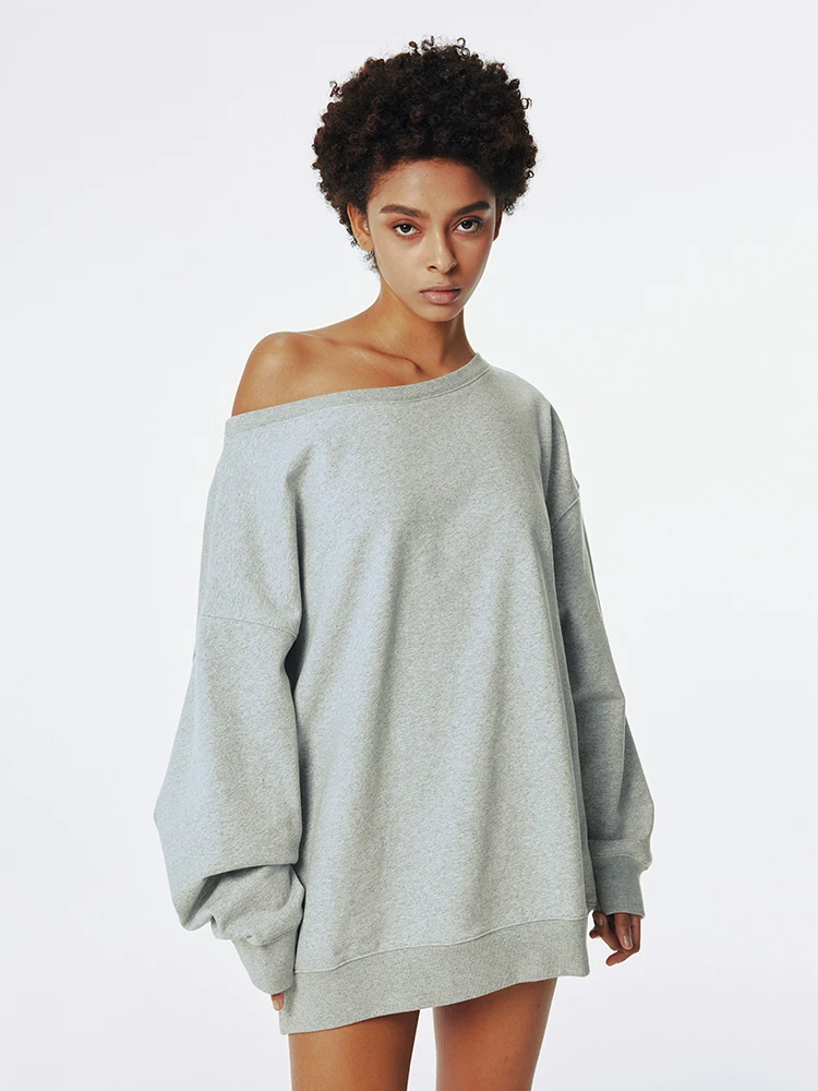 Off-Shoulder Sweatshirt for Women Loose Long Sleeve Tops Thin Knitting Sweatshirts Black and Gray Daily Leisure New 2024 Autumn