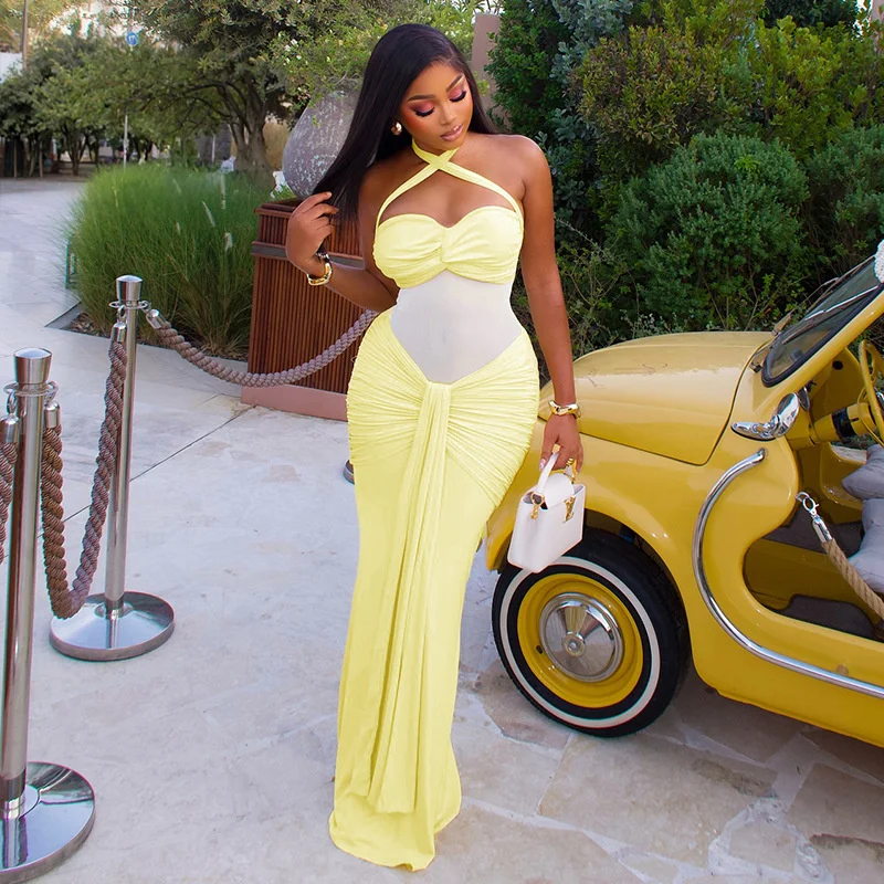 Backless Halter Bodycon Dress Women Ruched Wrap Tube Midi Club Party Summer Solid Black Sexy Night Out Cocktail Party Beach view 3