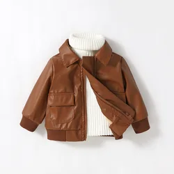 2024 New Baby Boys 1-3Y Pu Leather Jacket Long Sleeve Turn-Down Collar Zipper Fashion  Outwear For Fall Winter Leather Coats