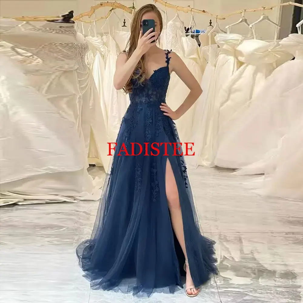 

Customized Navy A Line Tulle Appliques Sweetheart Spaghetti Straps Prom Dresses Sexy Backless Lace-up High Slit Long Evening