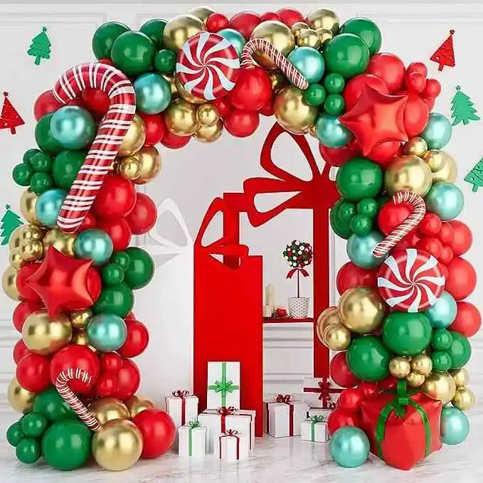 

Christmas Red And Green Balloon Arch Doorbell Set Gift Box Cane Five Pointed Star Balloon Christmas Party Decorations