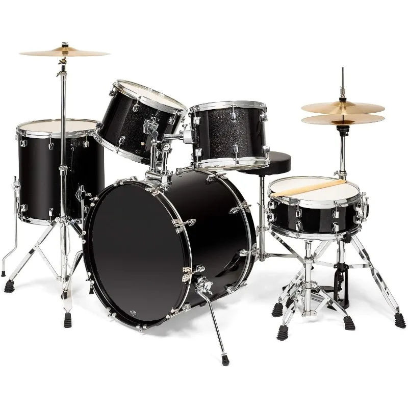 5-Piece Full Size Adult Drum Set with Heads and Premium Brass Cymbals Complete Professional Percussion Kit with Chrome Hardware