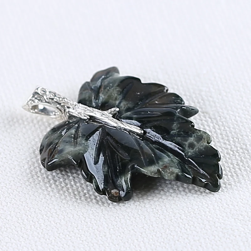 Natural Gemstone Ocean Jasper Handcarved Leaf Pendant 925 Sterling Silver Necklace Accessories 45x29x6mm 8.4g