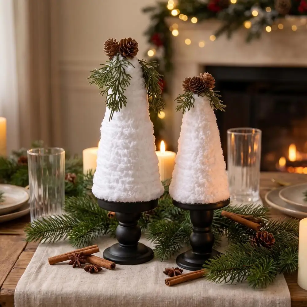 Soft Fabric Holiday Figurine 2 Pcs Handmade Plush Christmas Tree Decorations Small Cone Trees with Pine Cones for Tabletop