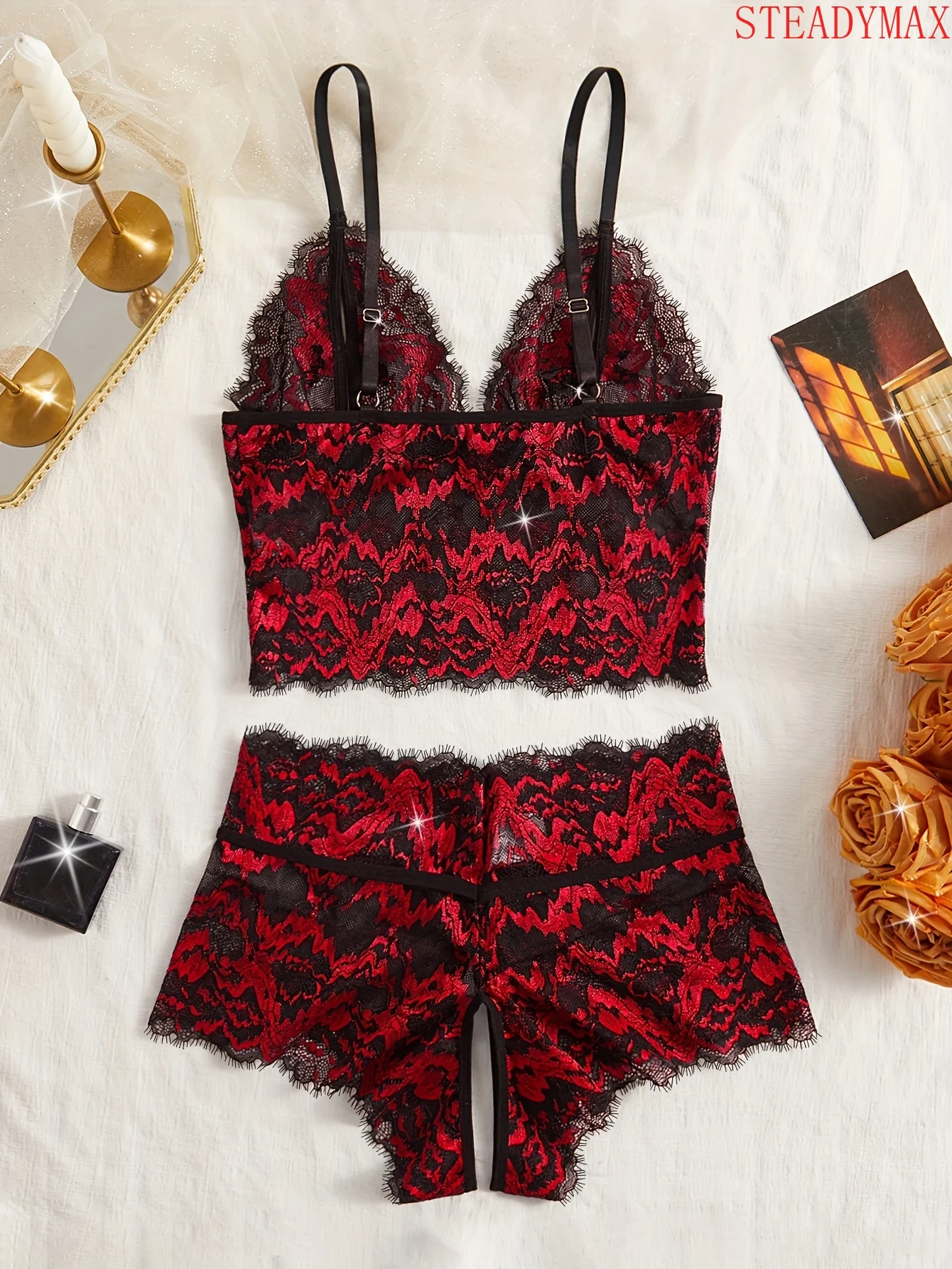 Women 2Pcs Color Contrast Floral Lace Lingerie Set Bow Cutout Spaghetti Strap Bra Breathable Short Panties Sexy Ladies Intimate Bedroom Wear