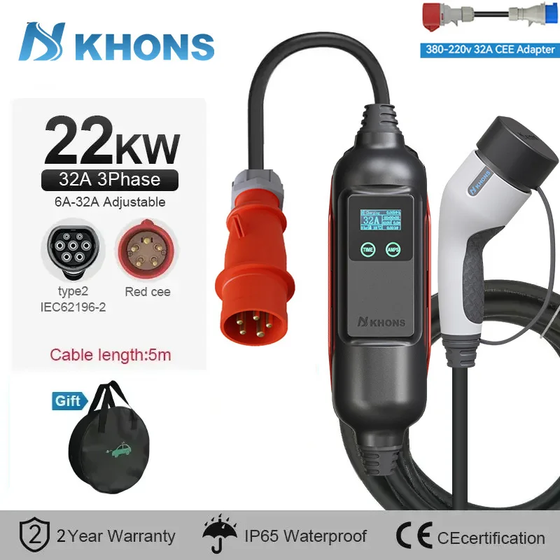 Khons 22kW EV Draagbare Lader Type 2 Elektrische Autolader Laadkabel 32A Driefasige Elektrische Autolader 5m Kabel