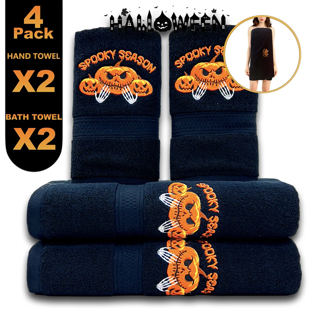 Cotton Halloween 6 Piece Skeleton Hand Towel Set 4 Spooky Bath Towels Bathroom High Quality Absorbent 4 Piece Towel 40X70 70X140