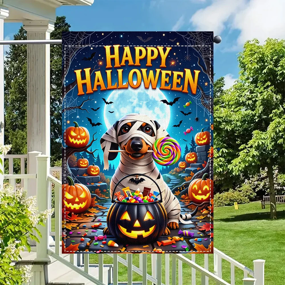1pc Happy Halloween Mummy Dachshund Garden Flag, double sided print, suitable for patio and outdoor holiday decorations (pole no