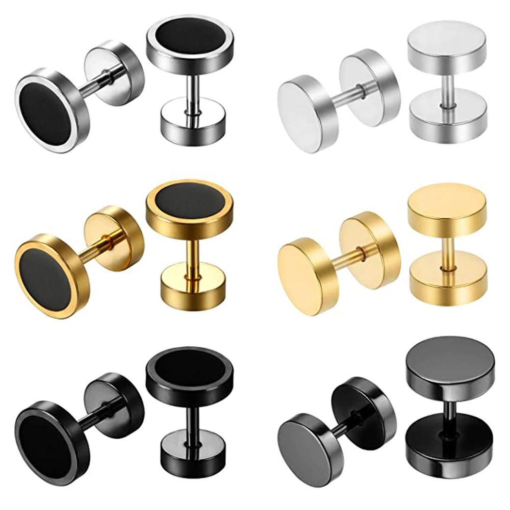 6-12 Pcs Mens Womens Stud Earring Set Stainless Steel Ear Stud Screw Back 8 MM Punk Cool Fake Ear Plugs Earrings Rosegold Black