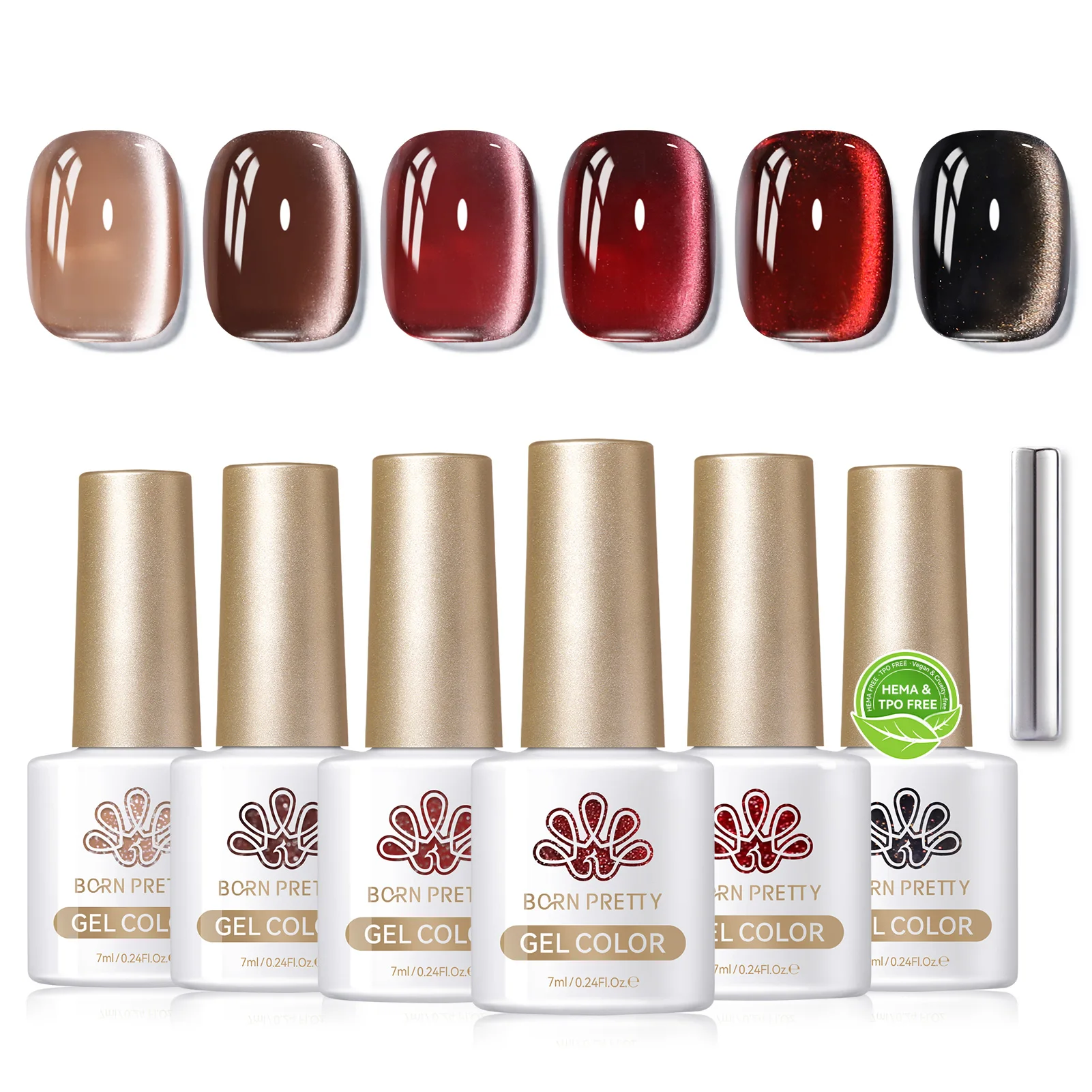 

BORN PRETTY 6-бутылка HEMA TPO FREE Зима Осень Стеклянная бусина Cat Набор магнитных гелей Темно-красный Коричневый Soak Off УФ-гель Наборы для салона