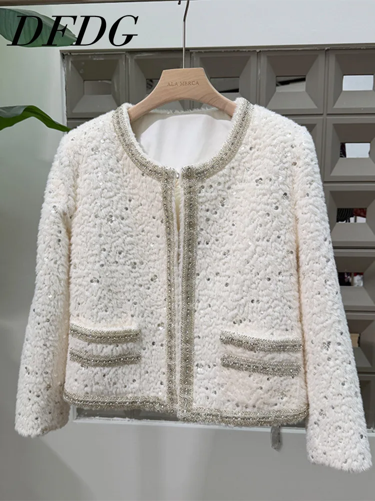 

DFDG Women’s Rhinestone Tweed Blazer Slim Fit Round Neck Long Sleeve Down Jacket Designer Versatile Outerwear 2025 Autumn Coat