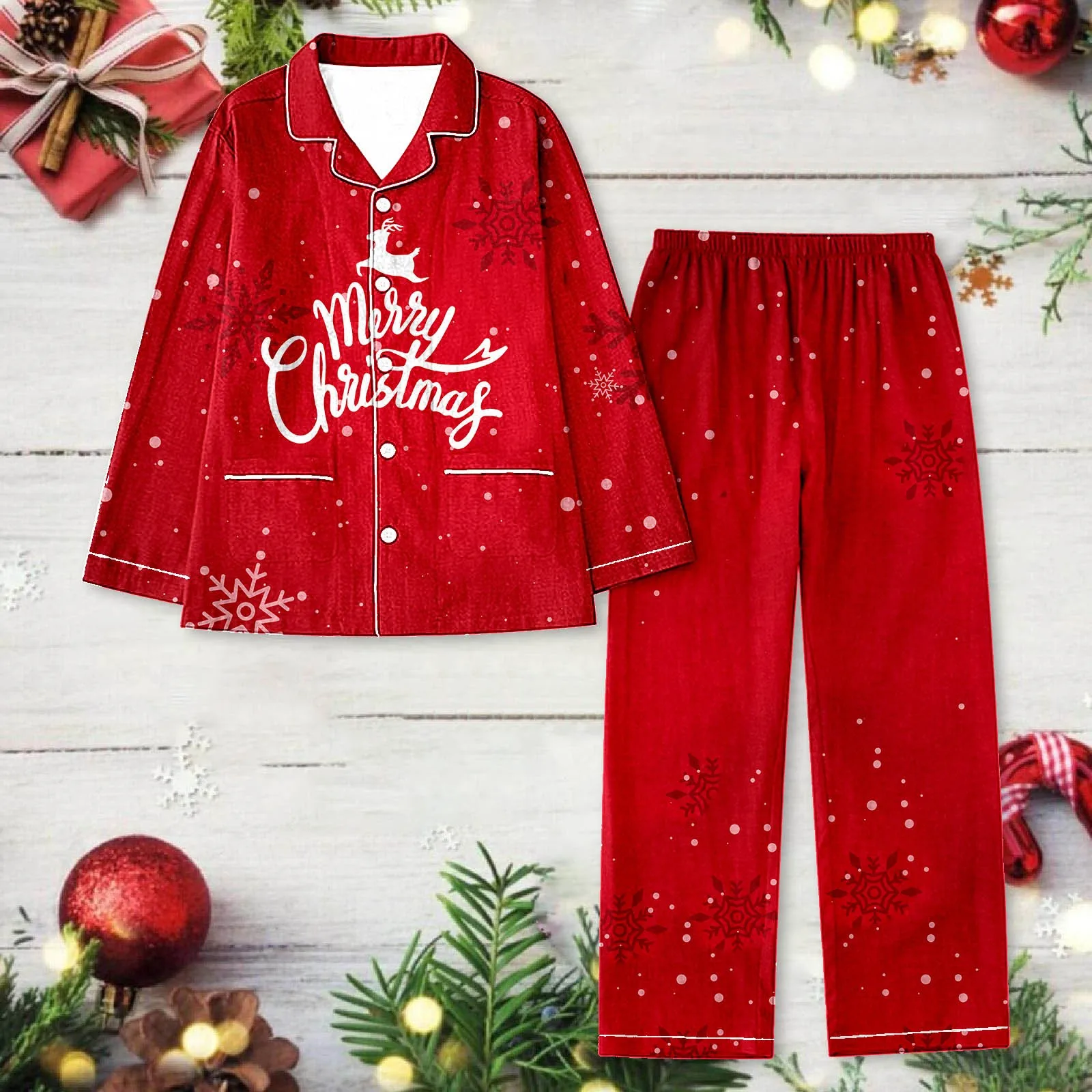 

Christmas Elk Printed Pajamas For Women Silk Satin Sleepwear Long Sleeve Top With Trouser Homewear Pyjama Pants Lounge Sets