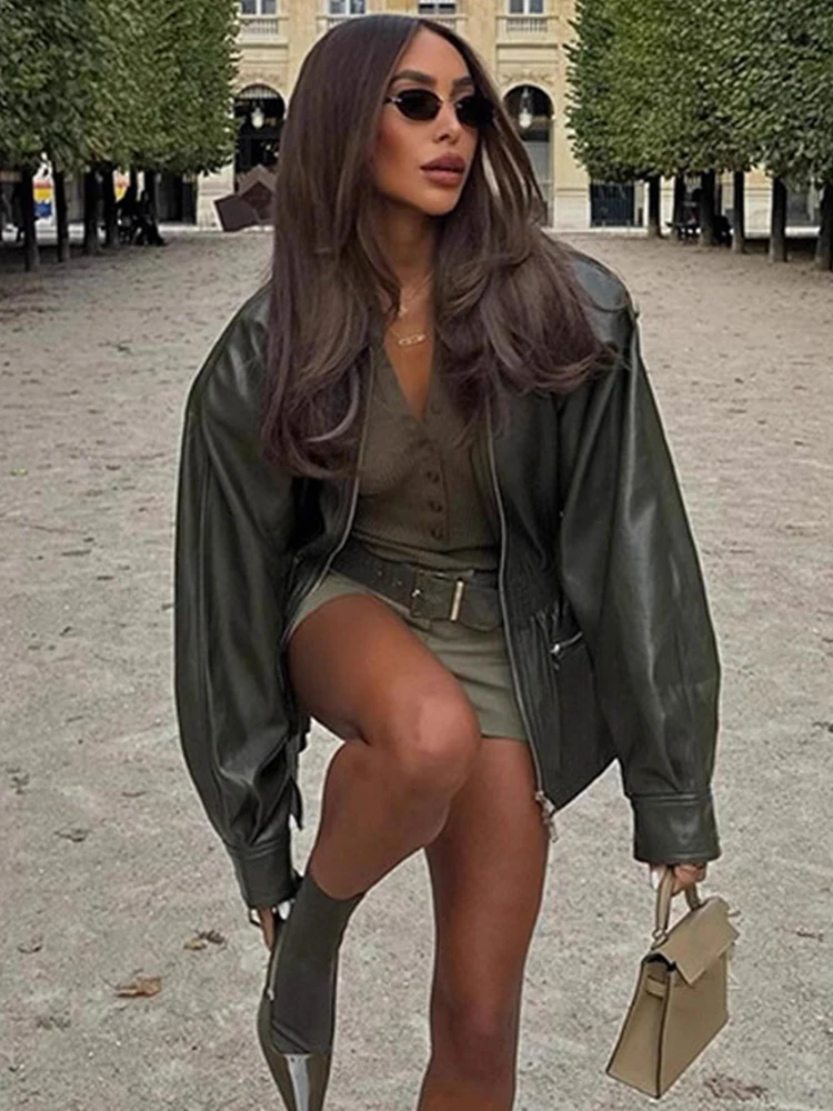 Trendix-Chaqueta de piel sintética para mujer, ropa de abrigo informal de manga larga con solapa, moda urbana, cárdigan de PU Vintage para fiesta, invierno