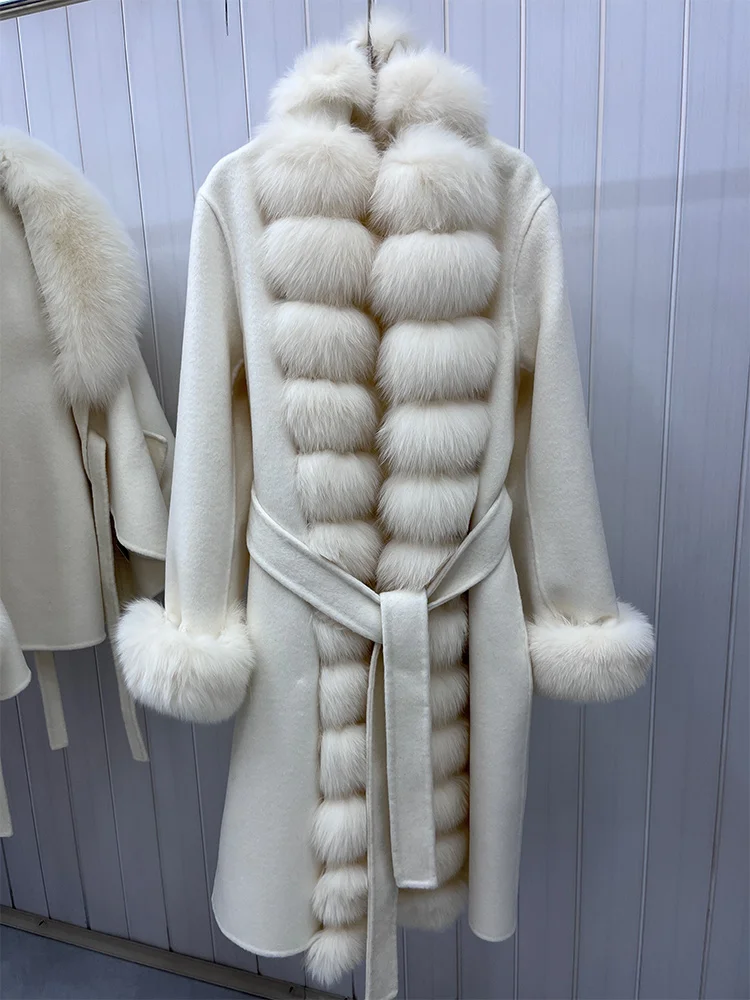 새로운 패션 겨울 울 재킷 여성용 천연 리얼 폭스 퍼 칼라 두꺼운 따뜻한 울 롱 코트 벨트 럭셔리 스트리트웨어 아우터
