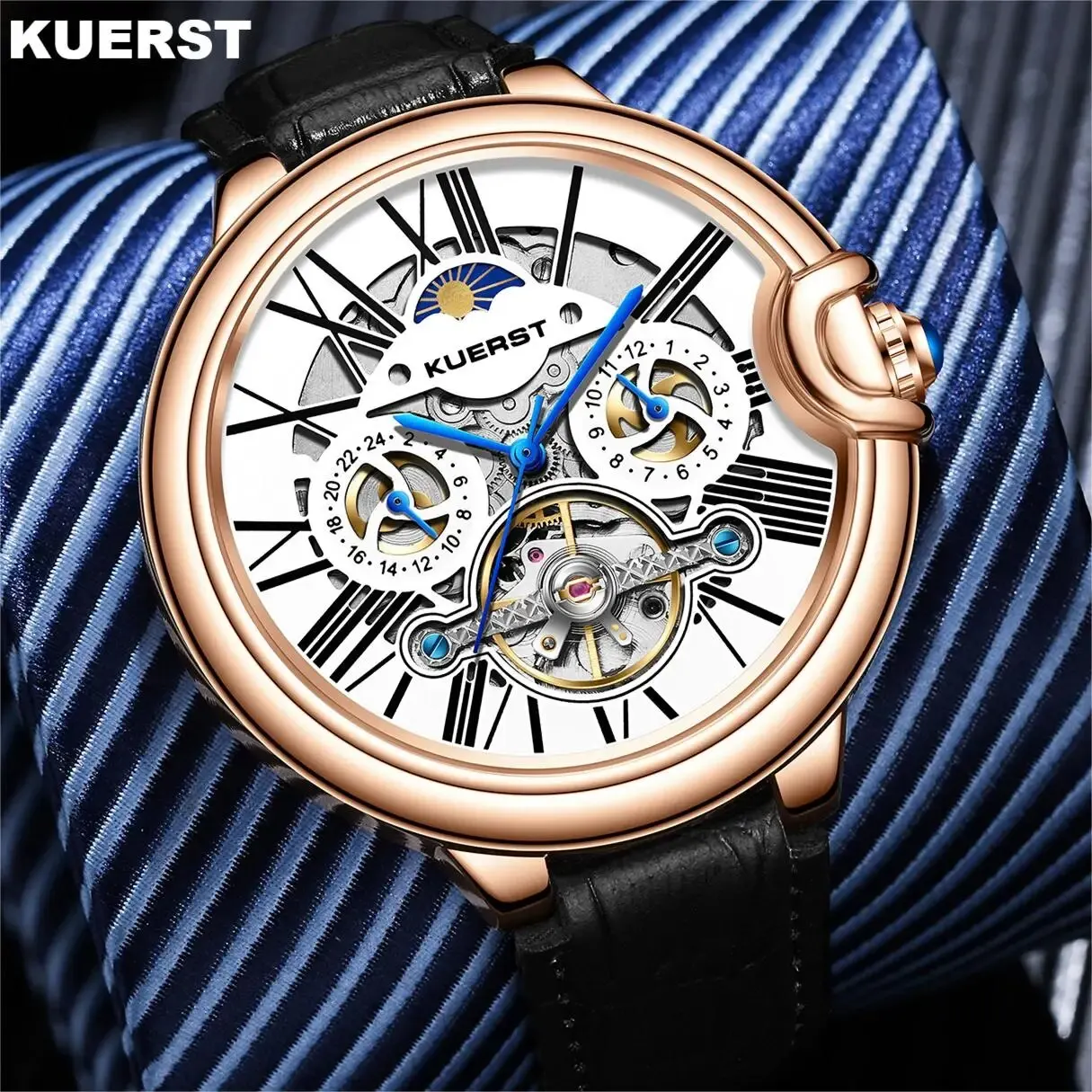 KUERST Day Star Double Press Bow Button Automatic Mechanical Multi Function Waterproof 24 Hours/flywheel Fashion Watch