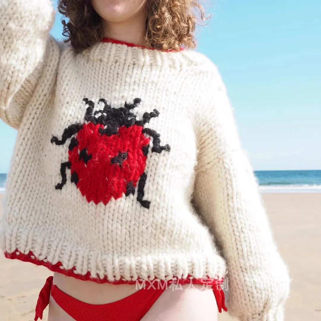 Seven Star Ladybug Pattern Pure Wool Hand Knitted Coarse Wool Sweater Women's Long Sleeve Autumn/Winter New Collection