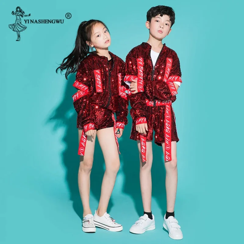 Costume da ballo per bambini Abbigliamento da jazz Ragazze Ragazzo Paillettes Danza hip-hop Jazz Concorsi di danza di strada per bambini Abbigliamento da palcoscenico per spettacoli J