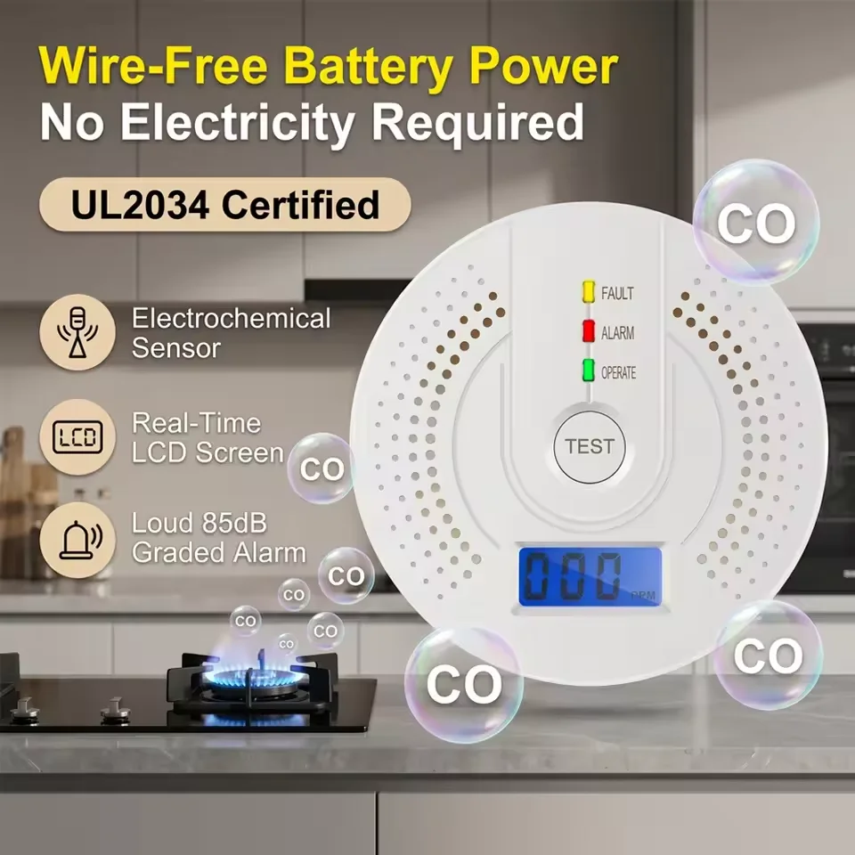 Independent CO Alarm Sensor LED Digital Display Carbon Monoxide Detector AA Battery Powered Sound & Light Warning CO Gas Monitor