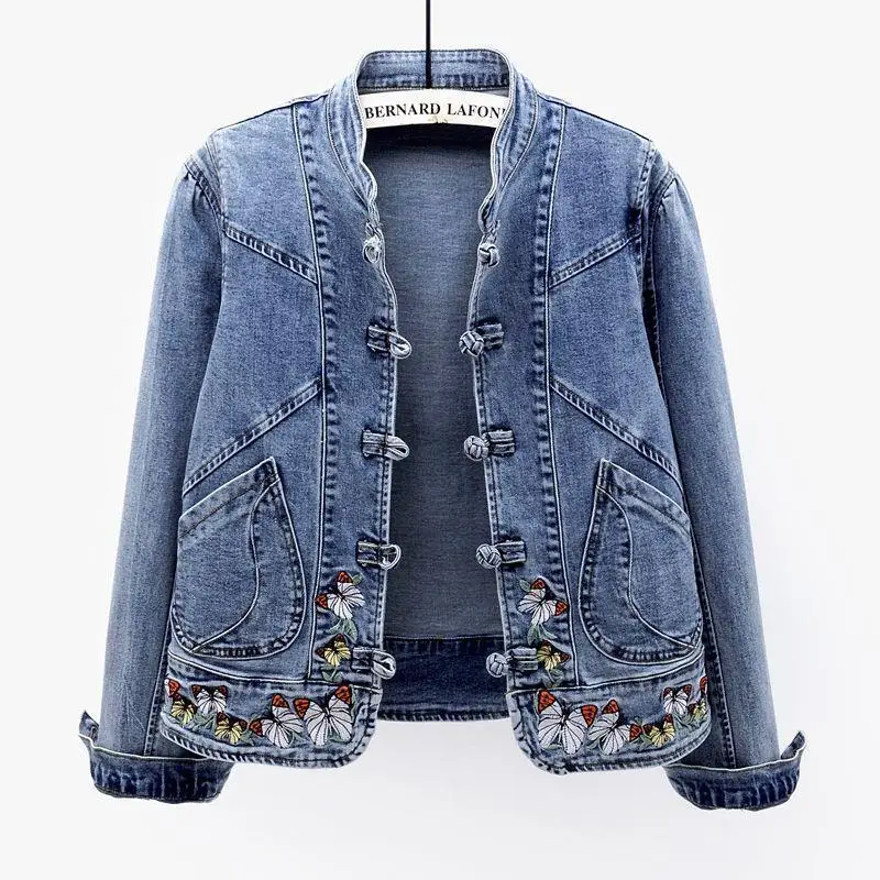 

Spring Autumn Vintage Elegant Denim Jacket For Women Female Patchwork Short Versatile Embroidered Stretch Short Blue Cowboy Coat