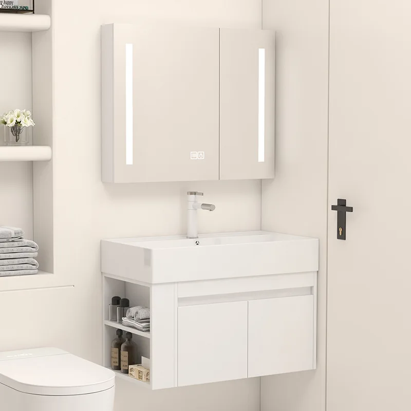 

Small apartment solid wood bathroom cabinet, ultra narrow mini washbasin, wall mounted washbasin, bathroom with rack washbasin