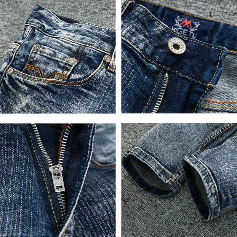 Street Fashion Men Jeans High Quality Retro Blue Stretch Slim Fit Ripped Jeans Men Patched Designer Vintage Denim Pants Hombre