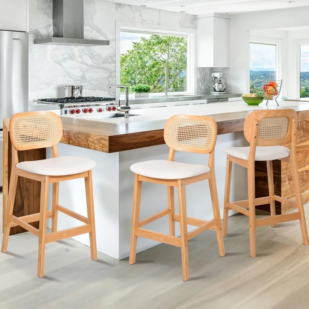 

Rattan Counter Height Bar Stools Set of 3, Faux Leather Upholstered Barstools with Cane Back, Mid Century Modern Bar Chairs Coun