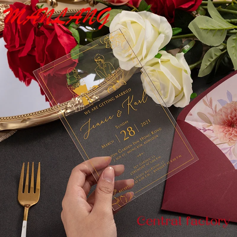 Custom  Customized Marriage Hot Stamping Golden Invitation Card Farewell Signs Cards Luxury Acrylic Wedding Invitation Card