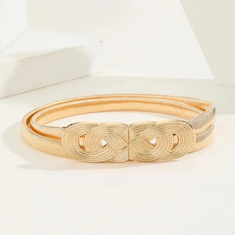 حزام سلسلة ذهبي وفضي للسيدات - حزام خصر معدني مرن قابل للتعديل للفساتين والجينز وملابس Y2K، أنيق ومتعدد الاستخدامات