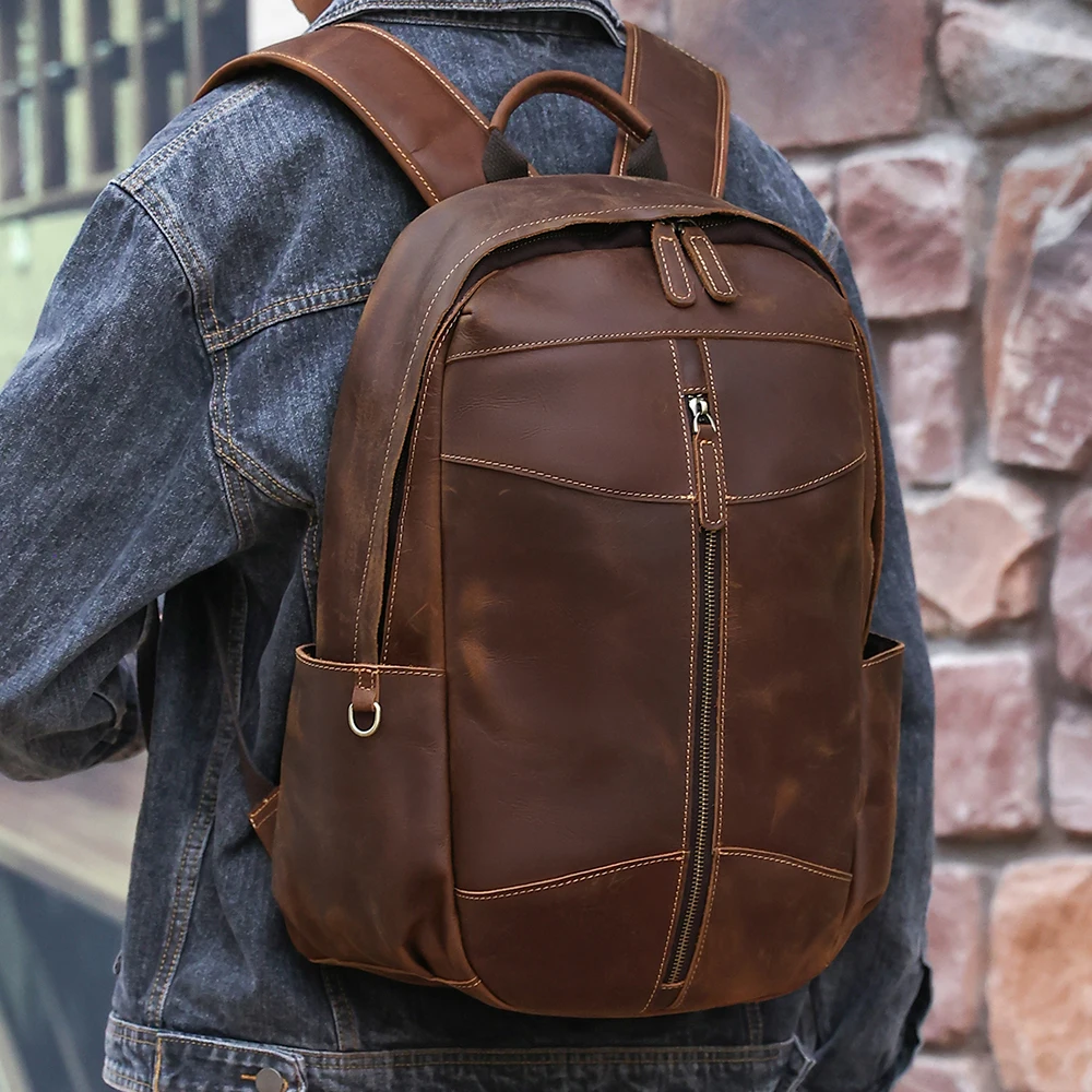 Leather backpack men\'s outdoor casual personality bag crazy horse leather retro business computer baotou layer cowhide backpack