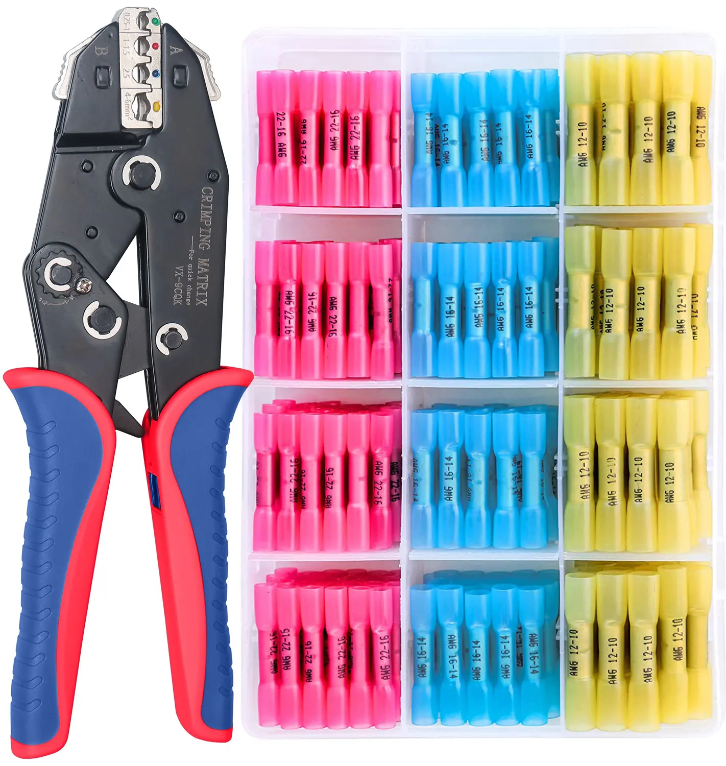 Crimping Tool for Heat Shrink Connectors VK-40J with 100/200/330PCS Marine Grade Butt Connectors of Tinned Red Copper AWG 20-10