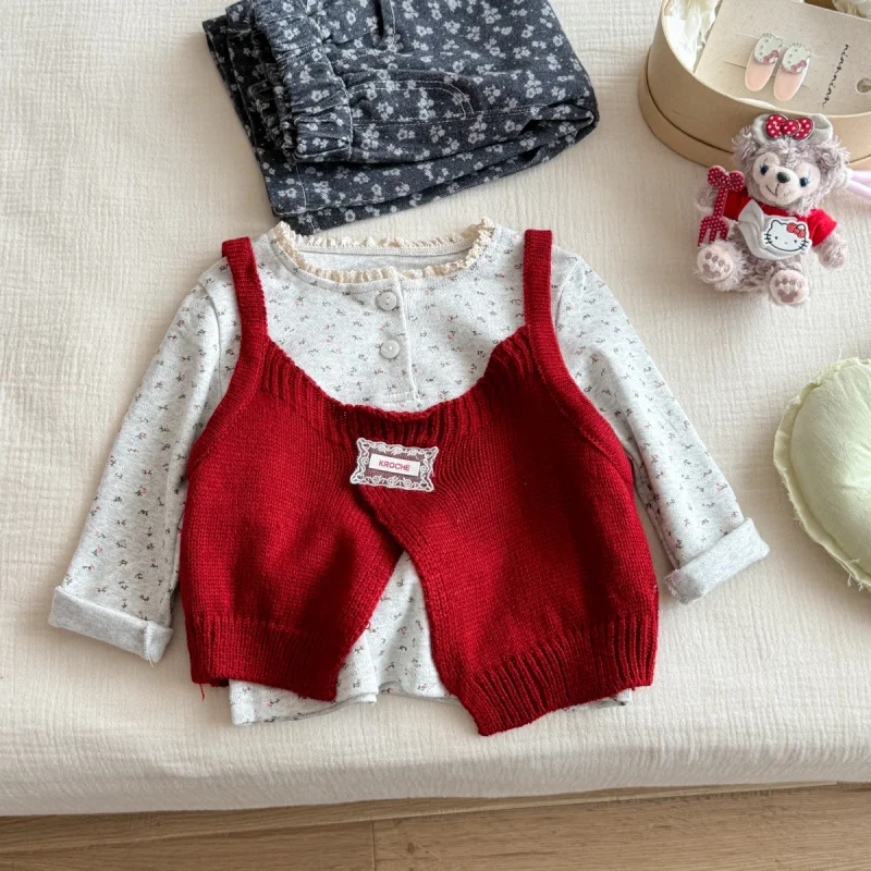 

Girls' Three-Piece Set New Spring and Autumn Fashion Baby Girl Knitted Vest Floral Base Shirt Wide-Leg Pants