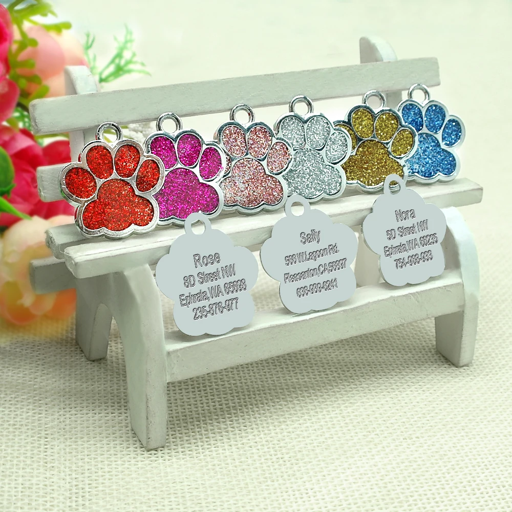 Dog Cat ID Tag Glitter psy koty wisiorek z imieniem tagi spersonalizowane obroża dla zwierząt akcesoria Anti-lost Bone & Paw tagi dla małych psów Cat