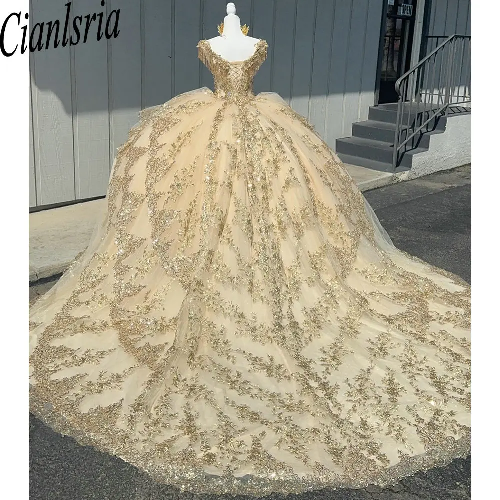 Gold Off The Shoulder Beading Tassel Quinceanera Dresses Ball Gown Sequined Appliques Lace Sweet 15 Birthday