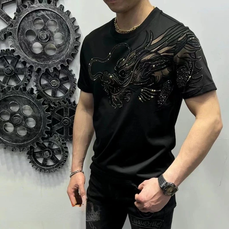 Men Short-sleeved T-shirt Black Men Clothing Dragon Tops Tees Flocking Hot Stamping Design Slim Fit