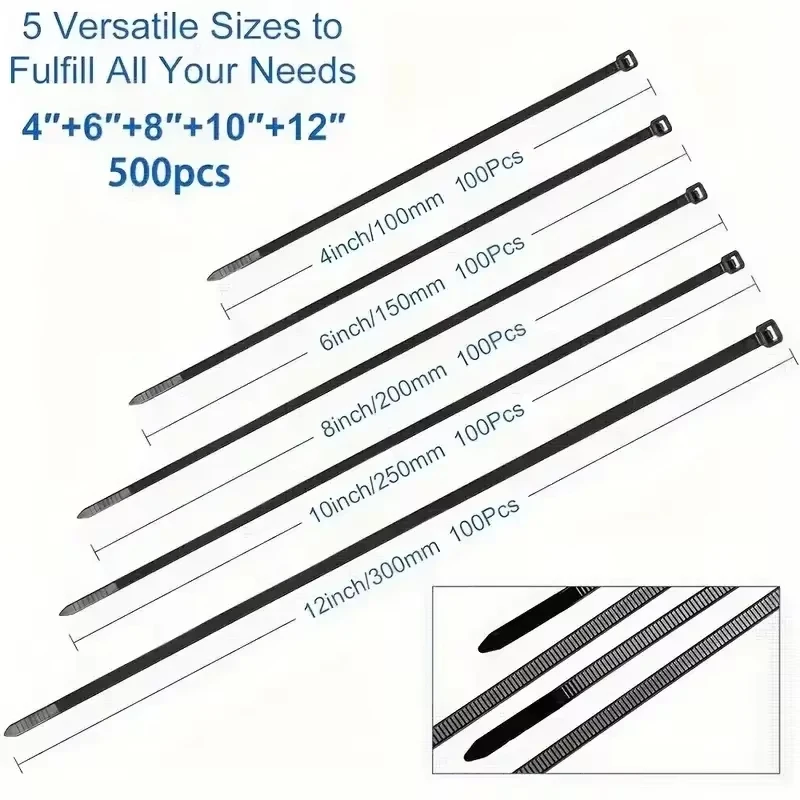500PCS Self-Locked Nylon Cable Tie Black Plastic Wire Zip Ties Sets Fixed Binding Wandu