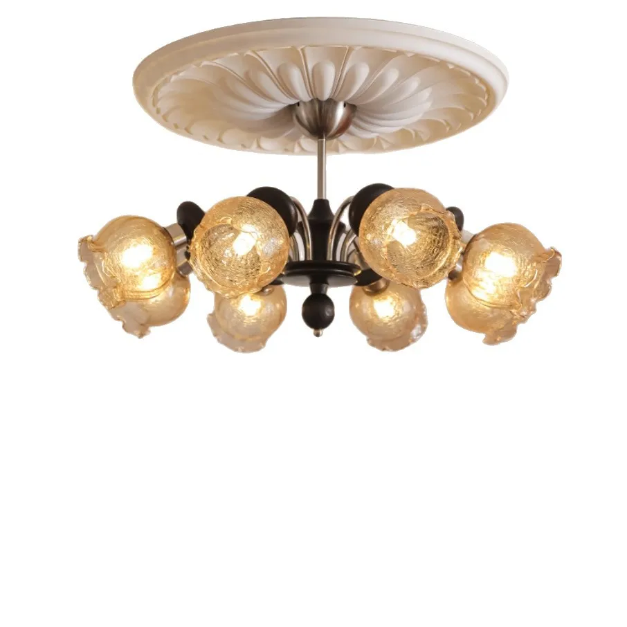 

French antique living room chandelier, retro amber glass solid wood lamps