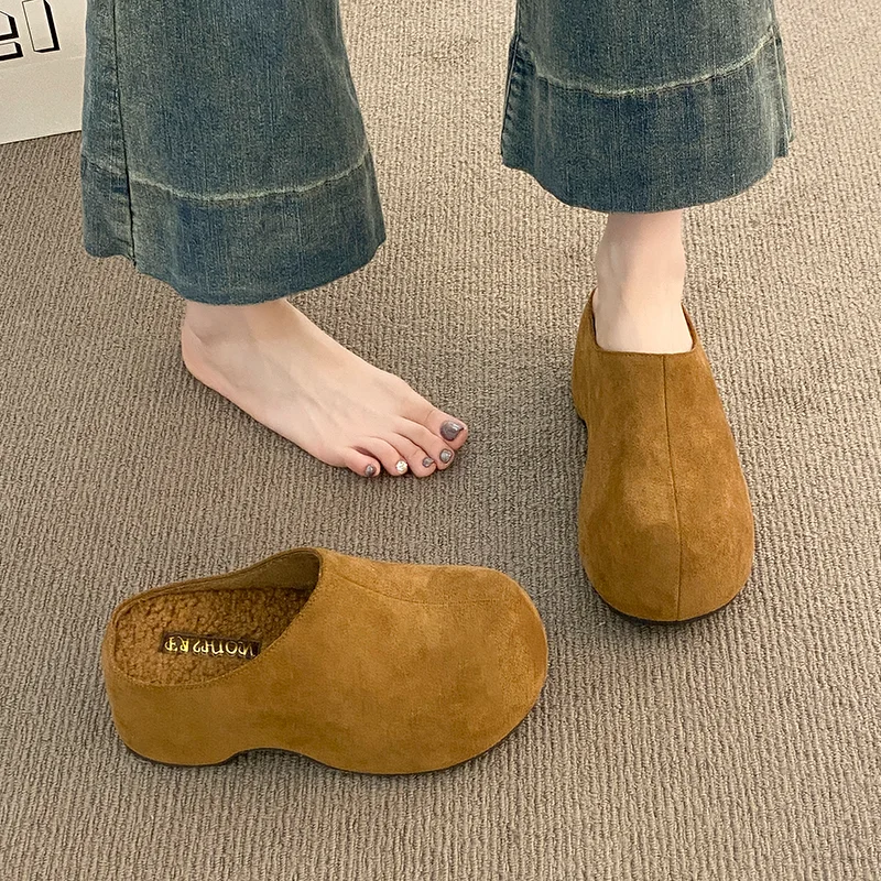 شباشب نسائية من جلد الغزال أحذية البغال بكعب عالي أحذية قطنية للثلج غير رسمية 2025 شباشب منزلية جديدة فستان شتوي مريح أحذية امرأة #4