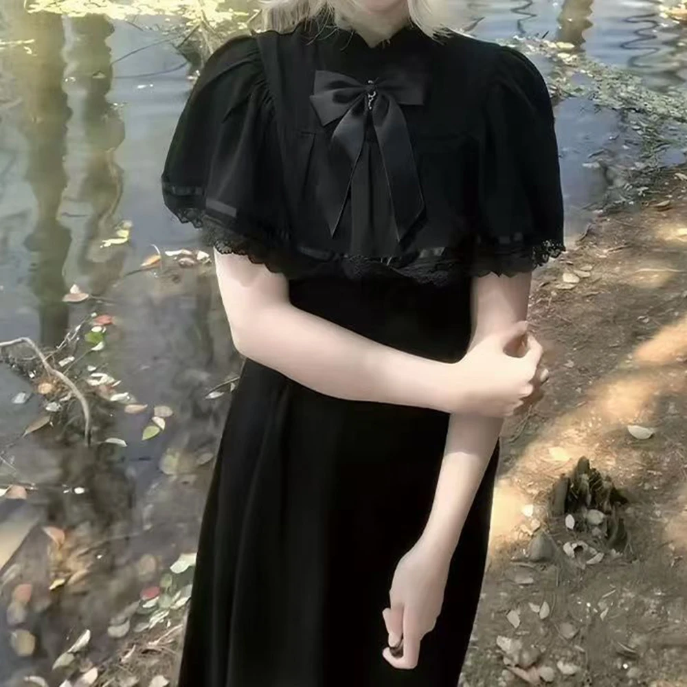 

[Dark Night Butterfly] Dark Japanese New Gothic Retro Black Cloak Medium and Long Dress Women