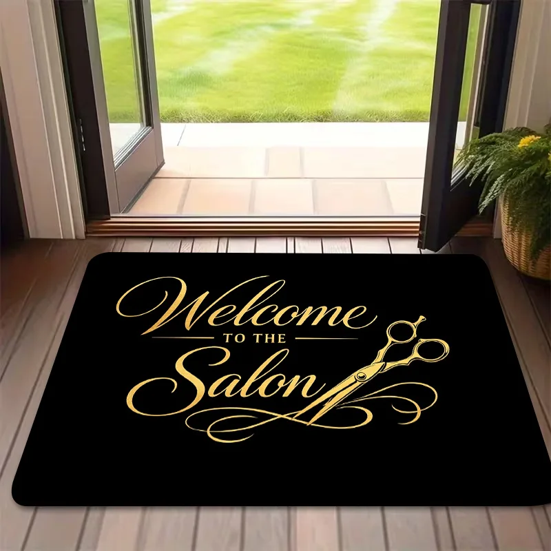 Salon Welcome Mat Black Gold Barber Scissors Rectangular Non Slip Doormat 2D Printed Rug for Hair Salon  Entrance Business Decor