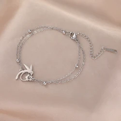 Skyrim Hummingbird Flower Charm Bracelets Women's Stainless Steel Gold Color Double Layer Beads Chain Bracelet Bohemian Jewelry
