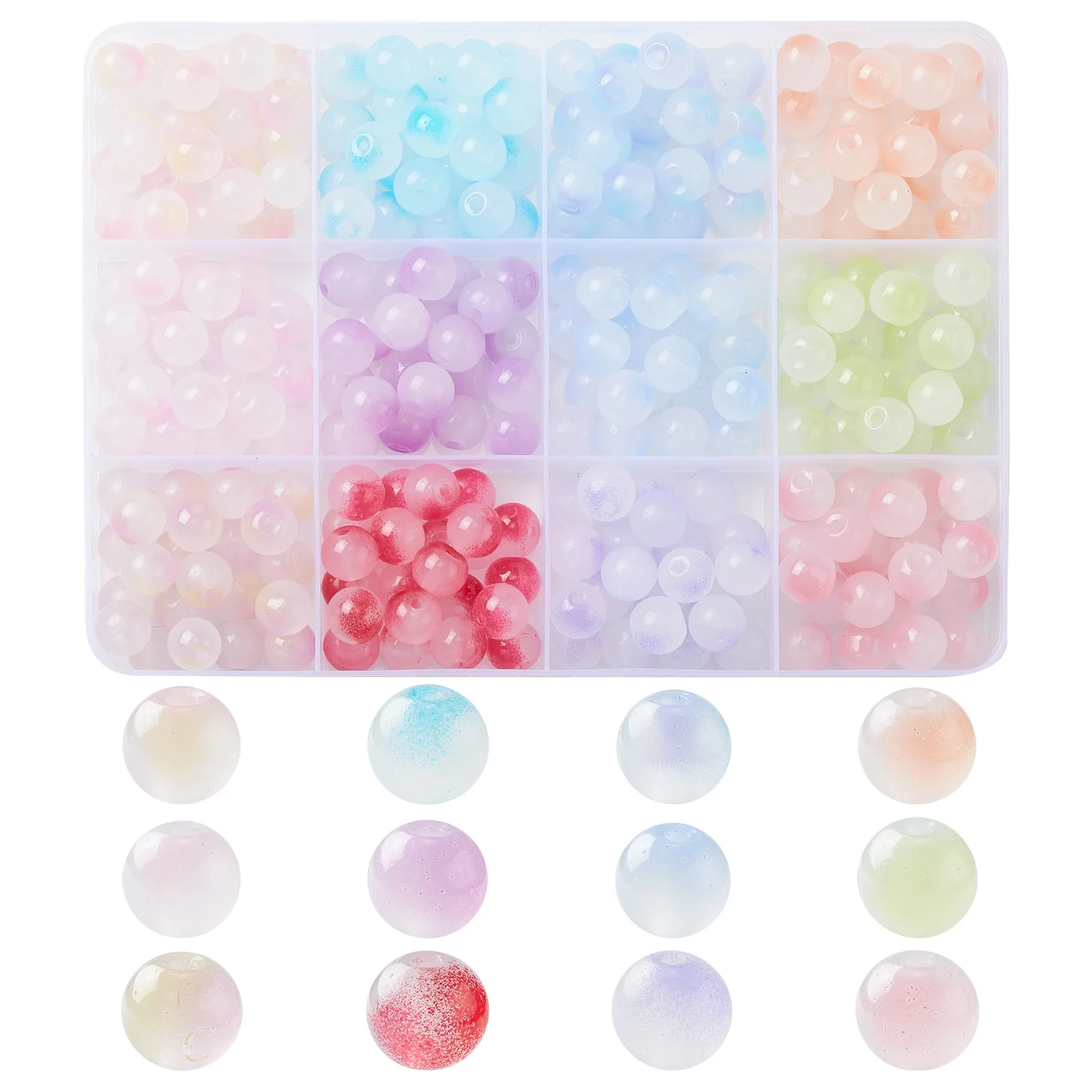 Pandahall 260Pcs 12 Colors 8mm Glass Round Beads Set Two Tone Glass Beads with a Box for Jewelry Making Supplies