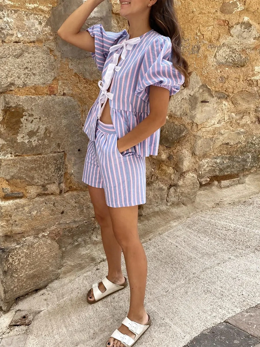 Women Short Sets Striped Short Puff Sleeve Tie-up Bow Shirt with Elastic Waist Shorts Summer Outfit Casual Lounge Set Streetwear