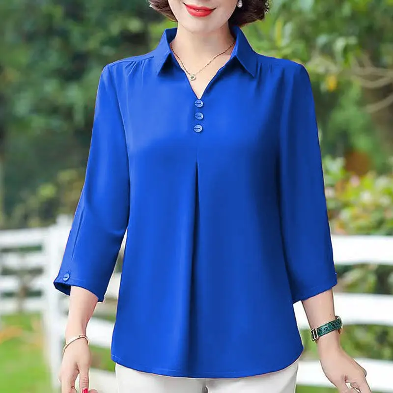 2024 Summer Elegant and Stylish Simple Polo Collar Panel Button Loose Leisure Oversize Three Quarter Solid Color Shirt for Women