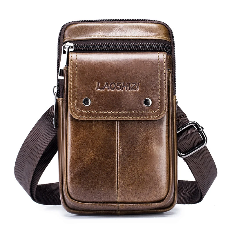 Top layer cowhide men's belt bag for casual outdoor mobile phone bag, leather single shoulder diagonal waist bag