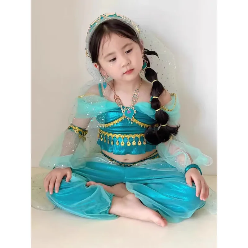 カスタマイズされた子供のインドダンスパフォーマンス衣装エキゾチックガールベリーダンス衣装ブルートップパンツ袖帽子